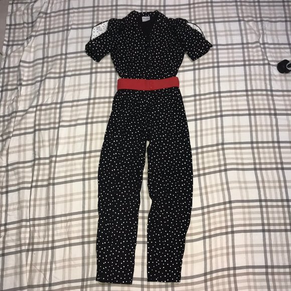 Vintage Black Polka Dot Romper with red belt - Picture 2 of 4